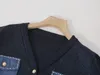 913 2023 outono pista camisola manga longa com decote em v cardigan azul bordado flora impressão moda casual roupas femininas yuecheng