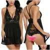 Yoga Outfit 2021 Y Lingerie Women Balck Perspective Gauze Lace Splice Chemise Deep V-Neck Erotic Lstry Costumes Drop Delivery Sports O Dhkad