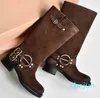 Harness Belt Buckled leather suede Biker Knee chunky heel zip Knight boots Fashion square toe Ankle Booties Western boots