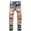 Mens Jeans Style Am Brand Orange Star Patched Ripped High Street Stretch Slim Denim Pants Retro Blue Trousers Male 230925