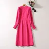 2023 Autumn Rose Red Solid Color Dress Long Sleeve Round Neck RhinestoneMidi Casual Dresses A3S15