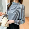 Women's Blouses 2023 Summer Fall OL Women Satin Long Puff Sleeve Stand Metal Buttons Shirt Casual Turtleneck Solid Color Chiffon Tops