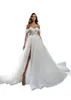 Elegant Plus Size Bohemian A Line Wedding Dresses for Bride Off Shoulder Sweetheart Lace Applique Short Sleeves Court Train Tulle High Side Split Bridal Gowns