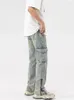 Men's Jeans Mud Yellow For Men Y2K Solid Color Overalls With Buttons Multi-pocket Zipper To Make Old Pants Loose A148