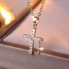 Colares Pingente Y2K Moda Completa Zircão Branco Dupla Cruz Colar 14K Banhado A Ouro Christian Jesus Jóias Góticas Para Mulheres