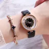 Horloges Mode Vrouwen Lederen Band Jurk Klok Dames Armband Quartz Polshorloge Luxe Goud Zwarte Riem Kristal Wijzerplaat Casual