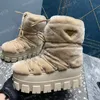 Plack Snow Boots Designer Nylon Gabardine Apres-Ski Shearling Boots Luxury Women Autumn Winter Logo Watertof Terch Warme Thoed Thick Sole Snow Boots Storlek 35-42