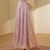 Robes de soirée robe de soirée rose manches courtes plissé longueur au sol paillettes à lacets a-ligne Tulle col bateau formelle femme B2785