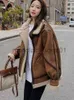 Women's Down Parkas HWL 2023 Winter Sheepskin Faux Fur Suede Leather Jacket Women Lamb Shearling Outwear Long Sleeve Zipper Short Moto Biker Coat J230925