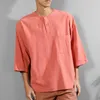 Chemises décontractées pour hommes Mode japonaise Blouse ample Mens coton solide boutonné pull uni à manches mi-longues