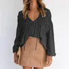 Blouses Femmes Femmes Blouse Solide Volants Lâche Col En V À Manches Longues Lanterne À Lacets Chemise Plissée Automne Plus Taille Élégant Bureau Haut