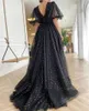 Party Dresses Sexy Beaded Long Formal Evening Gowns For Graduation Women Puff Half Sleeves V-Neck Sweep Train Pleated Tulle Prom Dress