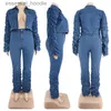 Mulheres Tracksuits Denim Plus Size Define Mulheres 2 Peça Set Puff Manga Longa Jaqueta Stretch Stacked Jeans Outono Roupas de Inverno Atacado Dropshipping L230925