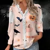 T-shirt da donna con scollo a V Halloween Top in pizzo maniche lunghe a pieghe T-shirt a pipistrello moda tunica con bottoni donna divertente casual