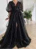 Party Dresses Sexy Beaded Long Formal Evening Gowns For Graduation Women Puff Half Sleeves V-Neck Sweep Train Pleated Tulle Prom Dress