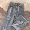 Женские джинсы 2023, широкие брюки, женские повседневные свободные эластичные джинсовые брюки с высокой талией и вышивкой, модные однотонные брюки L286