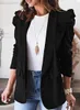 女性用エレガントな女性用パフスリーブジャケット秋のファッションピュアカラーポケットコートカジュアルオフィスレディホワイトブレザー