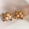 Creolen AENSOA Trendy Böhmische Perle Gold Farbe Metall Blumen Form Tropfen Für Frauen Aussage Ohrring Schmuck Zubehör