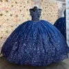 Marinblå söt 16 prinsessa älskling quinceanera klänning applique spets kristall pärlkul klänning korsett vestidos de 15 anos