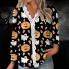 T-shirt da donna con scollo a V Halloween Top in pizzo maniche lunghe a pieghe T-shirt a pipistrello moda tunica con bottoni donna divertente casual