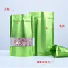 Sac en aluminium vert debout de 9 tailles, avec fenêtre transparente, pochette en plastique, sac d'emballage de stockage des aliments refermable à fermeture éclair