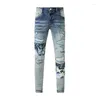 Jeans pour hommes High Street Mode Hommes Rétro Bleu Clair Stretch Skinny Fit Ripped Patch Designer Hip Hop Marque Pantalon Hombre