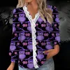 Women's T Shirts V Neck Halloween Tops Lace Long Sleeves Pleated Bat T-shirt Fashion Tunic Button Up Women Funny Casual