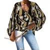 Kadınlar bluzlar Sonbahar Şifon bluz gömlek üstleri 2023 v yaka kadın gündelik gevşek polinezya kabile kahverengi tapa samoa tonga baskı fener