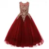 Kız Elbiseler Burgundy Küçük Kızlar Pageant Elbise Altın Aplike Kids Balo Gowns Çocuklar İçin Balo Kırık