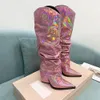 Women Boot Boot Metallic Slip-on Cacked Knee-High Block Clofted Toe Smid-Calf Boots Designer Party Party Cold Shoes Factory Factory