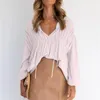 Blouses Femmes Femmes Blouse Solide Volants Lâche Col En V À Manches Longues Lanterne À Lacets Chemise Plissée Automne Plus Taille Élégant Bureau Haut