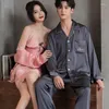 Women's Sleepwear Black Satin Lace Pajamas Couple Set Button-down Pyjamas Suit Pijama Women Men Robe and Gown Loungewear