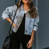 Women's Jackets Women Denim Jacket Leopard Splicing Long Sleeves Coat Casual Loose Button Pocket Turn-down Collar For Autumn