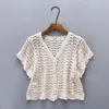 Mulheres camisetas Oumea Mulheres Crochet Knit Crop Cardigans Camisola Manga Curta V Pescoço Algodão Botão Frente Tops Verão Praia Casual Bonito