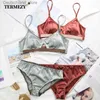 Urok Bracelets Termezy New Women Bielid Drut Drut Satin Bra cienki 3/4 szklanki stanika i majtki pusta bielizna bielona Brassiere Bralette Q230925