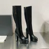 Designer Boots Women Sexig Point Toe Zip High Heel Knee Boot Rivet Decoration Classic Party Chunky Heel Fashion Booties Storlek 35-41