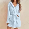 Women's Sleepwear Solid Shower Kimono Robes Hooded For Women Long Sleeves Towel Bathrobe With Waist Girdle Female Cotton Home Wear