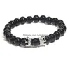 Kralen Heren Armband 8Mm Zwarte Onyx Strengen Sieraden Leeuwenkop En Micro Pave Kroon Pols Armbanden Voor Vrouwen drop Levering