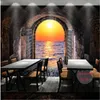 Sfondi Muro di mattoni retrò 3D Tunnel spaziale Tramonto Paesaggio marino Po Murale per Bar Caffetteria Ristorante Carta decorativa industriale