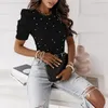 Damen T-Shirts Frauen Perlen gerippt elegante Mode solide Tops Bluse Damen Puff Kurzarm Slim Fit OL Arbeit T-Shirt für