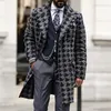 Men's Wool Men's Woolen Suit Collar Mid-length Plaid Print Coat Winter Fashion High Street Style Warm