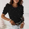 Damen T-Shirts Frauen Perlen gerippt elegante Mode solide Tops Bluse Damen Puff Kurzarm Slim Fit OL Arbeit T-Shirt für