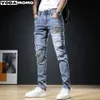 Hoodies dos homens moletons 2023 homens elegantes jeans rasgados calças slim reta desgastada denim roupas moda calças magras pantalones hombre 230925