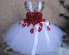 Girl's Dresses Girls White Tutu Dress Kids Tulle Dress with Red Petals Flower and Ribbon Bow Children Birthday Bridal Wedding Costume Dresses 230925