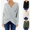 Mulheres suéteres pulôver mulheres camisola de malha outono inverno elegante v pescoço solto oversized jumper tops inclinado irregular hem lã 230925