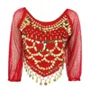 Stage Wear Bollywood Princess Tops Women Ladies Belly Dance Costume Self-tie Back Irregular Hem Crop Top Mesh Long Sleeve Shirts