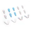 Falska naglar 24st/Set French Blue and White Lines Nail Patches Press On Ballerina Fake With Design Löstagbar manikyr