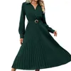 Casual Dresses Elegant Fall Pleated Midi Dress Stylish Lapel Design V-neck Slimming Cut Long Sleeves A Line For Weddings Cocktail Parties