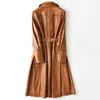 Women's Leather 2023 Coat äkta jacka Kvinnor Vintage Natural Sheepskin med Belt Long Spring Autumn Trench Female 28214