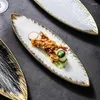 Assiettes en forme de feuille de style japonais, Restaurant créatif, vaisselle à Dessert en céramique, dîner bord doré givré Western